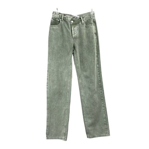 Princess Polly Holly Green Denim Asymmetric Button Fly Straight Leg Jeans Size 2 - Picture 2 of 9